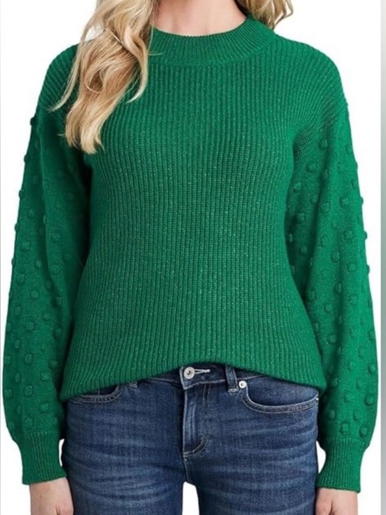 CeCe Sweaters - CeCe Women’s Green Bobble Sleeve Ribbed Knit Sweater Size M